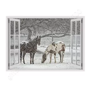 Caballos en inviernos nieve por ventana 3D falsa | Lienzo (enrollado) | Arte mural HD - Imagen 1 de 21