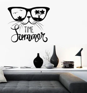 Vinyl Decal Wall Sticker Quote Cat in Sunglasses Words Time Summer Decor (n1304) - Picture 1 of 3