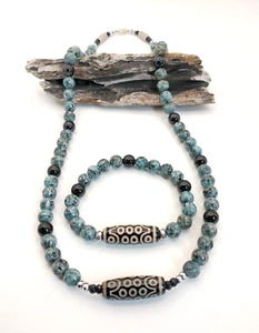 24" 21 Eye Dzi Kiwi Jasper Beaded Jewelry Set, Good Luck and Abundance - Picture 1 of 5