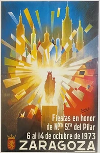 Original Vintage Katholische Jungfrau Religiöse Kunst Reise Saragossa Spanien Poster - Bild 1 von 6