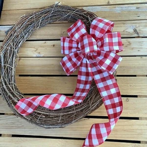 Buffalo Plaid Christmas Wreath Bow - 10" Wide 18" Long Pre-Tied Bow, Red & White - Picture 1 of 6