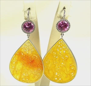 ORECCHINI IN ARGENTO CON ZIRCONI ROSA E GIADA GIALLA PENDENTE GOCCE AGHT 0402 - Foto 1 di 3