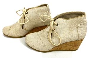 TOMS Canvas Beige Ankle Bootie Desert Cork Wedge Women Size 5.5 - Picture 1 of 8