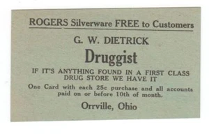 1920's G.W. DIETRICK DRUGGIST Business Trade Card Drug Store ORRVILLE, OHIO S04 - Picture 1 of 2