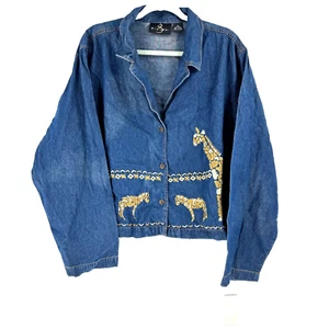 Giclee Embroidered Safari Animals Giraffe Zebra Jean Jacket Women's 3X Denim NEW - Picture 1 of 10