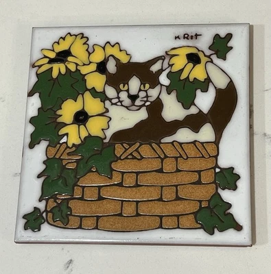Earthtones 1990 Katze im Blumenkorb Keramikfliese Wandbild USA 6x6 K Rit RAR - Bild 1 von 2