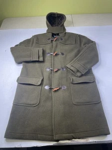 Barbour Mens Duffle Coat Wool Green Hooded Coat Size Large Tartan Plaid Lined - Picture 1 of 10