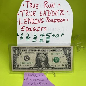 Five Digit Ascending Ladder L 12345540 P Fancy Serial Number One Dollar Bill - Picture 1 of 19