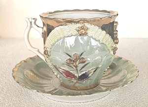 Teacup Saucer Germany Pearled Pale Green w/ Gold Raised Floral Art Nouveau Vtg - Picture 1 of 5