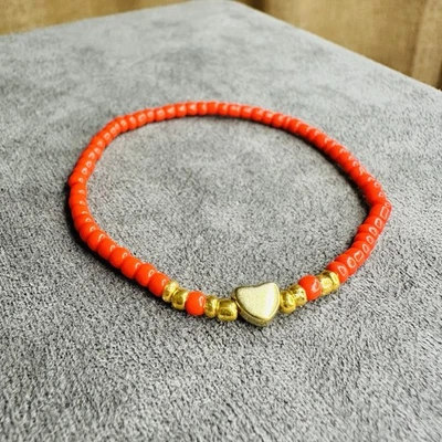 Elastisches Armband 17 cm – Rot & Gold mit Herzperle, Handmade Unisex - Bild 1 von 4