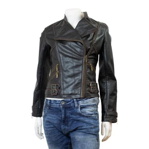 Feminin Touch Women's Black Rub Off Leather Super Slim Fit Bomber Biker Jacket - Picture 1 of 5