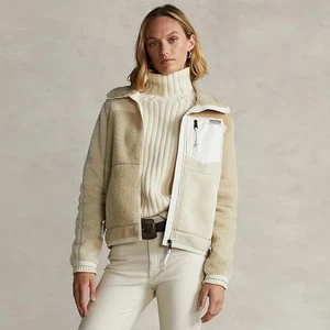 Polo Ralph Lauren Fleece Zip Jacket Women's Size M Patchwork Leather-Trim - Picture 1 of 19