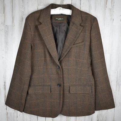 Eddie Bauer herringbone plaid brown wool button blazer jacket women's size 10/12 - Image 1 of 4