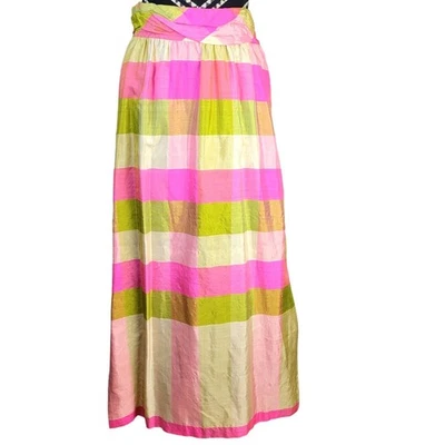 Maxi Falda De Colección Años 70 Colorida Seda Mujer 28 8 Rosa Verde Formal Primavera Cuadros S Foto 1 de 4