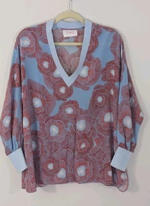 IVI Collection 100% Silk Blouse Light Blue Poppy Floral V neck Long Sleeve Sz 36 - Picture 1 of 9