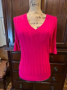 Anthropologie Stripe Short Sleeve V-Neck Sweater Sz Small Pink Rose - Picture 1 of 11