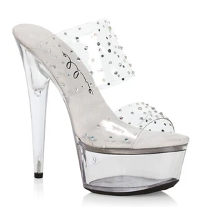 6" Clear Rhinestones Crystals Double Strap Stripper Shoes Pole Dance Class Heels - Picture 1 of 6