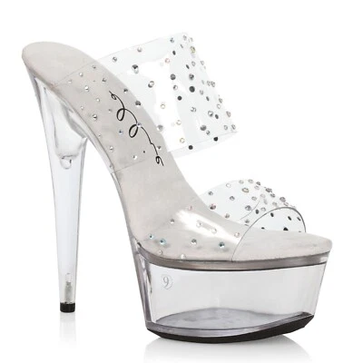 6" Clear Rhinestones Crystals Double Strap Stripper Shoes Pole Dance Class Heels - Image 1 of 2
