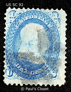 US SC 92 1¢ BEN FRANKLIN "F" GRILL 1868 USED NO GUM FINE/VERY FINE SEE PHOTOS - Picture 1 of 2