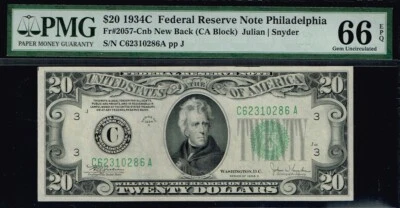 New BACK.  $20 1934C Philadelphia FRN. Fr. 2057-Cnb. PMG 66 EPQ.  - Image 1 of 2