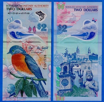 Bermuda $2 2024 P-W63 Polymer Circulated Note - Prefix A/1 Bluebird - Image 1 of 4