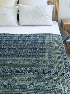 Green Ajrakh Kantha Quilt ~ Queen | King - Picture 1 of 3