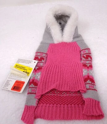 MARTHA STEWART Pink & Gray Hooded Knit Dog Sweater (XS) (NEW) - Image 1 of 4