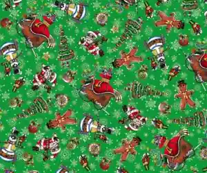 QT Fabrics It's a Steampunk Christmas Toss Green Cotton Fabric 1yd + 32" x 43" - Picture 1 of 6