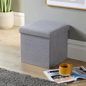 Pecho otomano plegable gris Boucle tela de oso de peluche caja cuadrada de almacenamiento sólido - Imagen 1 de 7
