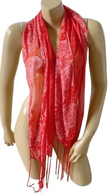 Womens Sheer Red Sequined Embellished Floral Print Tasseled Scarf - Image 1 of 4