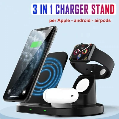 3 in 1 caricatore veloce QI Wireless docking station iPhone Android auricolari - Immagine 1 di 4