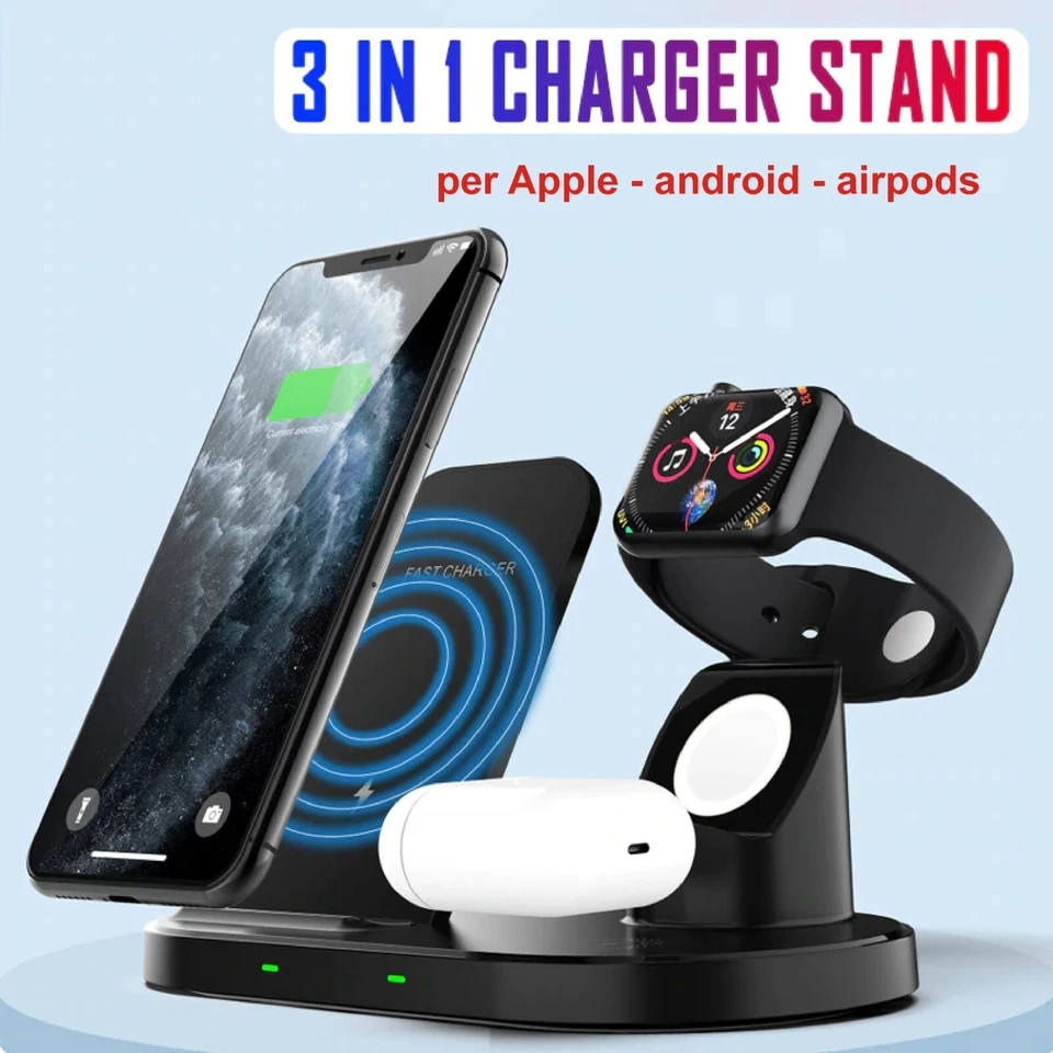 3 in 1 caricatore veloce QI Wireless docking station iPhone Android auricolari - Image 1 of 4