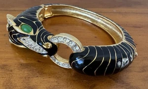 Vintage Black Gold Enamel Cabochon Rhinestone Zebra Bangle bracelet Ciner - Picture 1 of 21