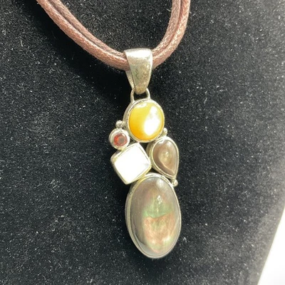 Vintage Sterling Mother of Pearl Multi Stone Pendant On 20” Choker Necklace - Image 1 of 4