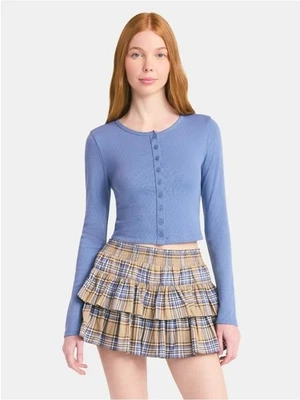 No Boundaries Cardigan Sweater Ribbed Jewel Button Blue Moon Light S (4-6) Woman - Image 1 of 4