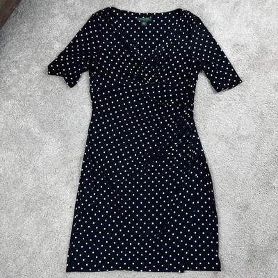Lauren Ralph Lauren Faux Wrap Dress Black/White Polka Dots Ruched Stretch Siz 14 - Image 1 of 4