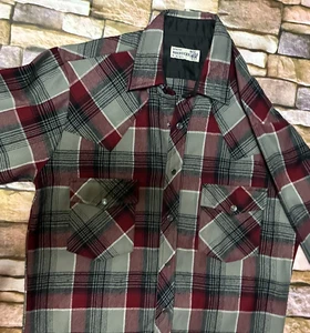 Vintage 1960 Roebucks Pearl Snap Flannel Shirt Red Gray Plaid Western Rockabilly - Picture 1 of 14