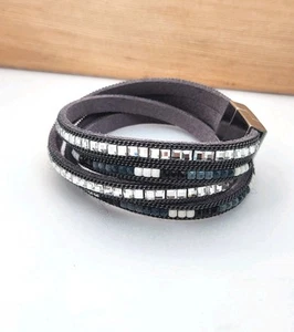 Style Dots Brand Leather Blue Rhinestone 7" Wrap Bracelet Or 14" Choker Necklace - Picture 1 of 9