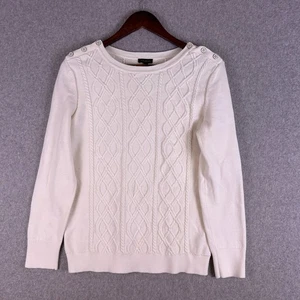 Talbots Sweater Women's Medium White Cable Knit Button Shoulder Pullover Classic - Picture 1 of 11