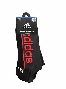6 Pair Adidas Men’s SUPERLITE NO SHOW Socks, Black & Gray/Red, Shoe Sz 6-12 NWT