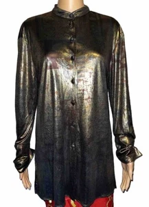 Krizia Italy Metallic Bronze Silver Gold Floral Button Down Tunic Blouse 42 10 - Picture 1 of 15