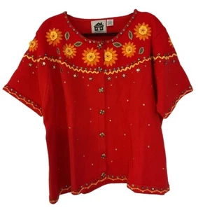 Storybook Knits Button Cardigan Sweater Short Sleeve Red Flowers Sz 3XL - Picture 1 of 9