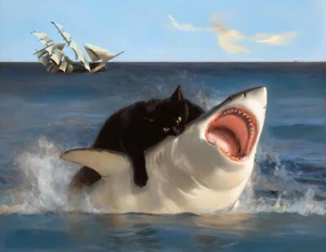 Katze beißt Hai lustig Katze und Hai Humor POSTER 13x19 - Bild 1 von 2