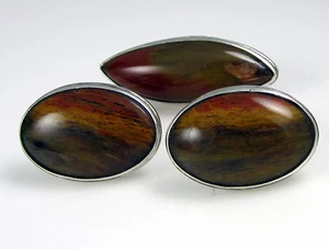 Conjunto de gemelos de barra de corbata de madera petrificada de plata esterlina única Estate vintage - Imagen 1 de 10