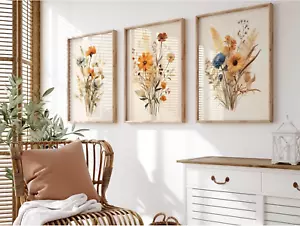 Botanical Floral Wall Art Set of 3 Vintage Wildflower Canvas Wall Decor Waterco - Picture 1 of 7
