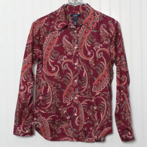 Chaps No Iron Floral Paisley Collar Button Cotton Blouse Medium - Picture 1 of 9