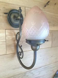 Vintage Art Deco Style Bronzed Brass Wall Light Lamp Pink cut Glass Shade - Picture 1 of 12