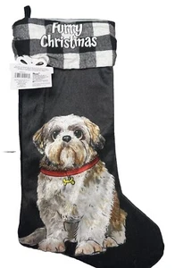ASPCA Christmas Stocking "Furry Christmas" Black Plaid with Dog Shih Tzu 18" - Picture 1 of 8
