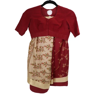 Conjunto de 2 Prendas para el torso Vestido Choli Sari Indio De Colección M Mezcla de Seda Rojo Crema Floral Foto 1 de 4