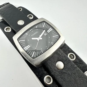 Fossil Watch 40mm Black Dial Date Black Leather Cuff Wide Strap - New Battery - Picture 1 of 18